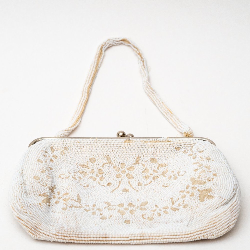 Vintage White Hand Beaded Floral Design evening purse made in West Germany